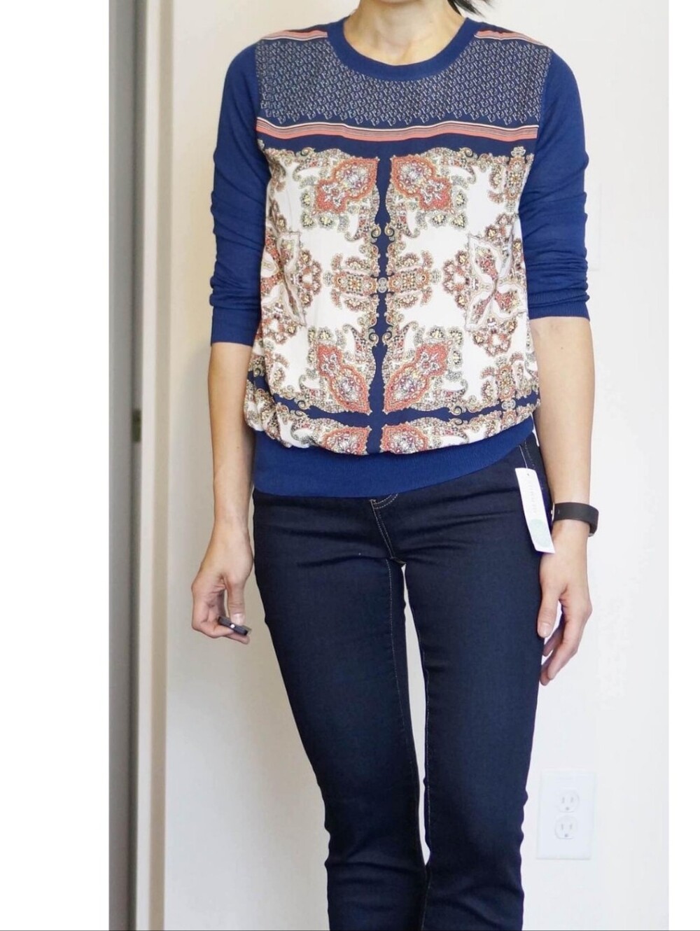 41 Hawthorn Navy and Cream Mixed Media Sweater